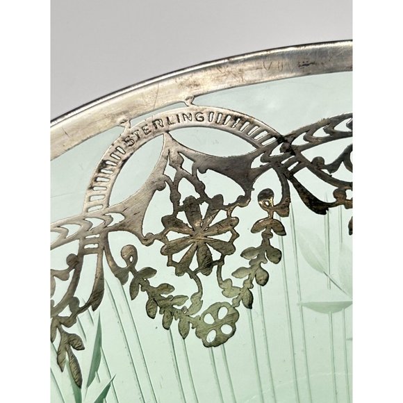 Vintage Green Glass Pedestal Bowl Footed Dish Sterling Silver Overlay Design - Picture 4 of 9